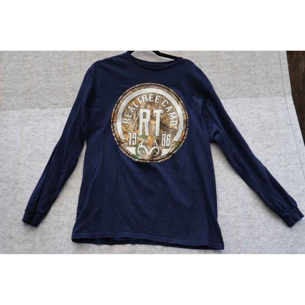 Realtree Camo Mens Long Sleeve Graphic T-Shirt Navy Blue RT 1986 Logo Large